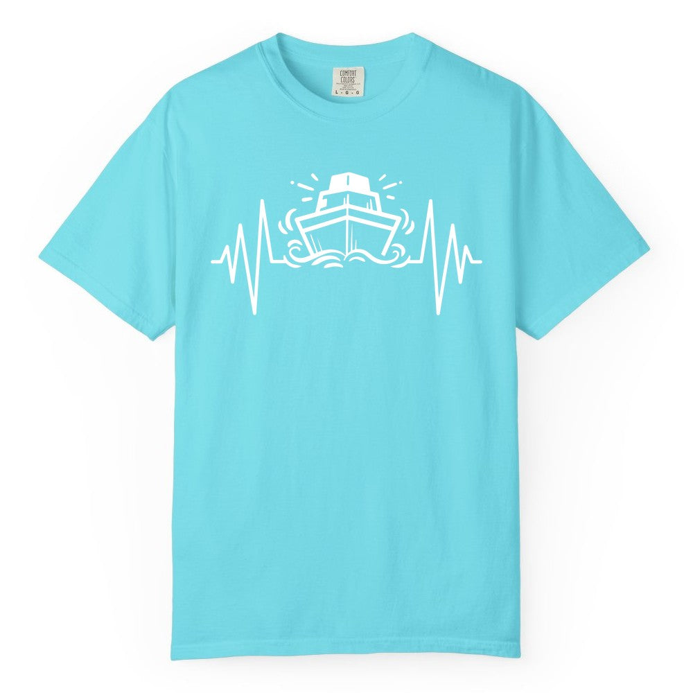 Cruise Heartbeat Shirt - Minimalist Ship Line Art Nautical Gift (Comfort Color) in Lagoon Blue - Cruise Ship Heartbeat Line Minimalist Nautical Shirt for Enthusiasts