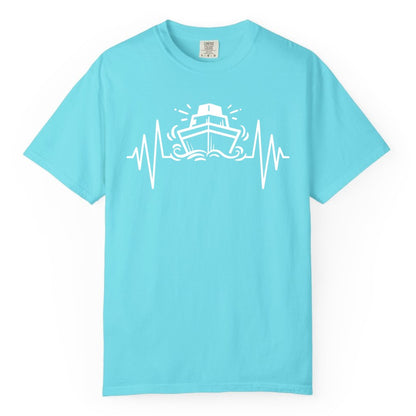 Cruise Heartbeat Shirt - Minimalist Ship Line Art Nautical Gift (Comfort Color) in Lagoon Blue - Cruise Ship Heartbeat Line Minimalist Nautical Shirt for Enthusiasts
