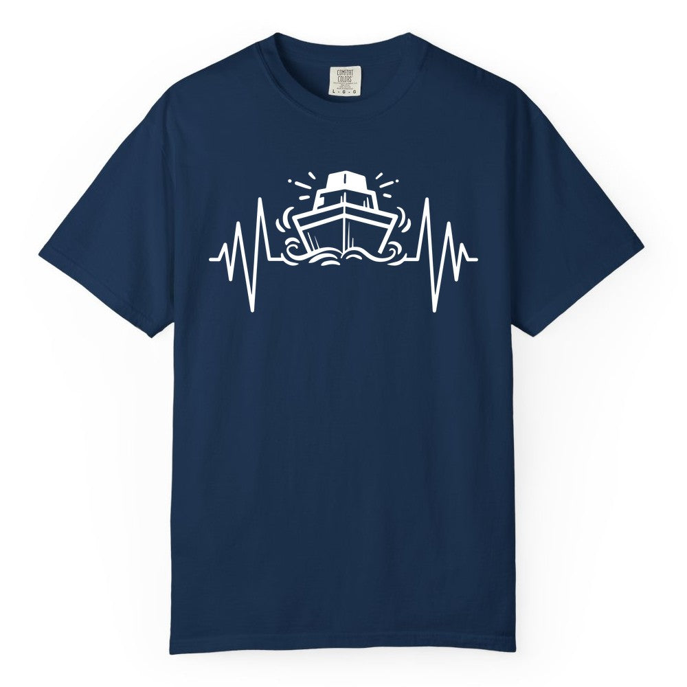 Cruise Heartbeat Shirt - Minimalist Ship Line Art Nautical Gift (Comfort Color) in Navy - Cruise Ship Heartbeat Line Minimalist Nautical Shirt for Enthusiasts