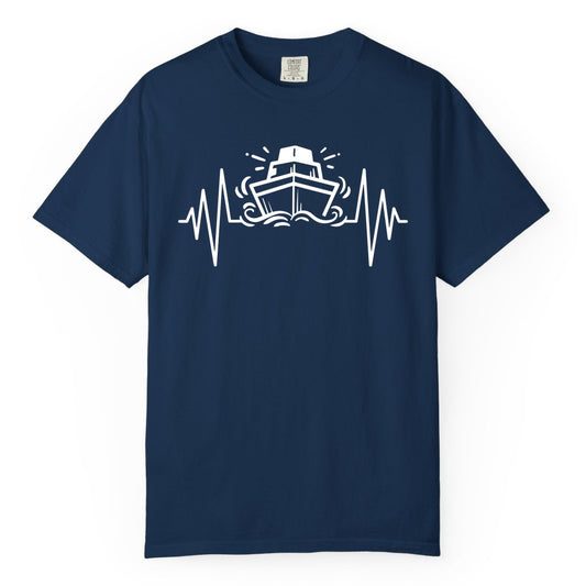 Cruise Heartbeat Shirt - Minimalist Ship Line Art Nautical Gift (Comfort Color) in Navy - Cruise Ship Heartbeat Line Minimalist Nautical Shirt for Enthusiasts