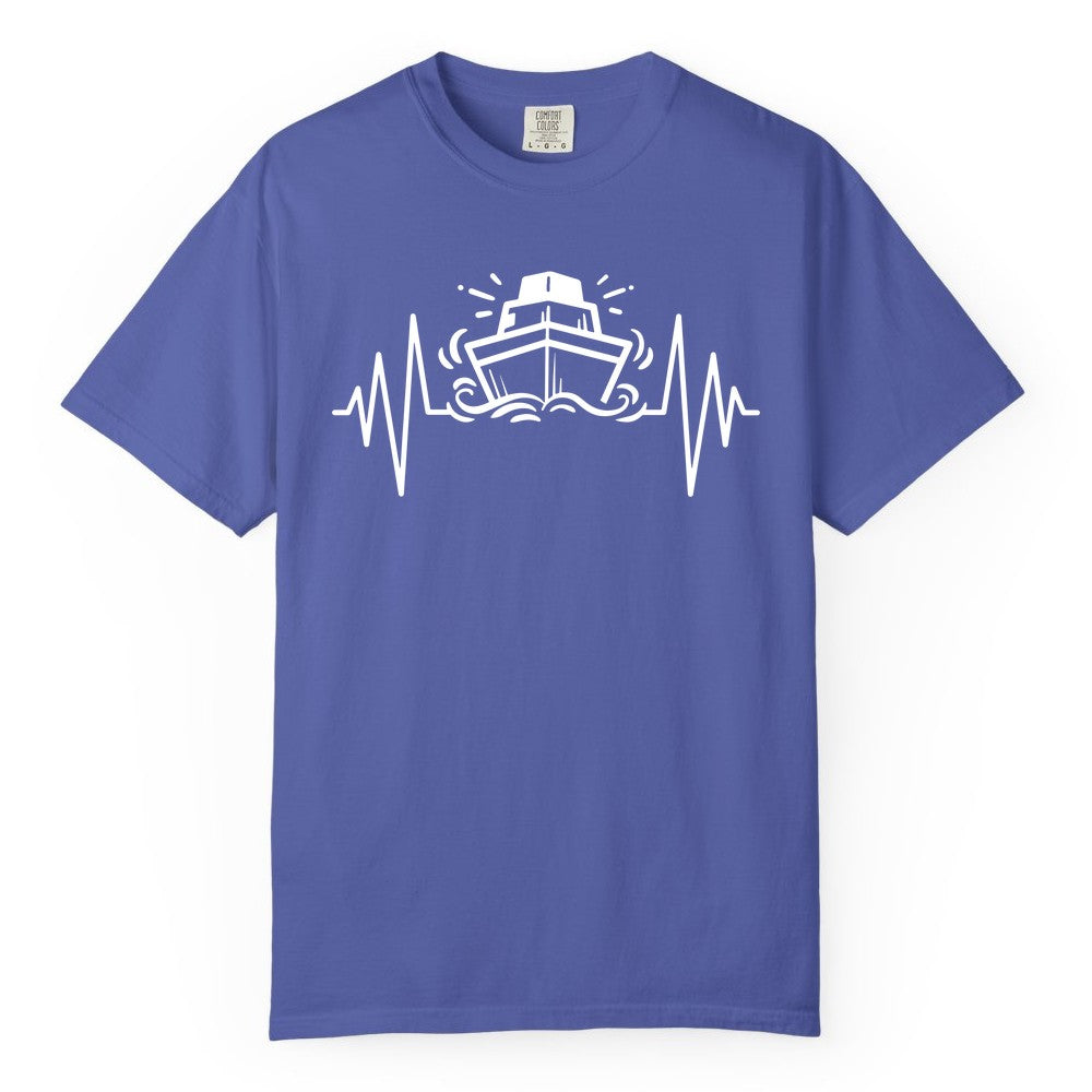 Cruise Heartbeat Shirt - Minimalist Ship Line Art Nautical Gift (Comfort Color) in Periwinkle - Cruise Ship Heartbeat Line Minimalist Nautical Shirt for Enthusiasts