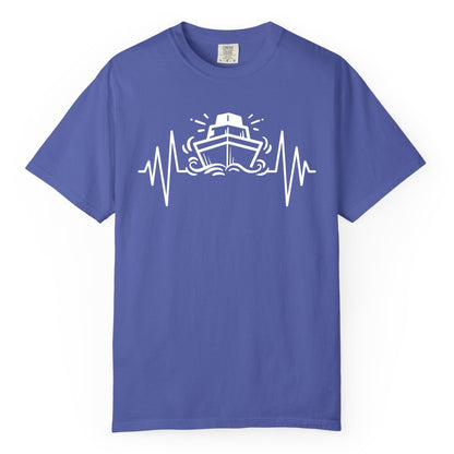 Cruise Heartbeat Shirt - Minimalist Ship Line Art Nautical Gift (Comfort Color) in Periwinkle - Cruise Ship Heartbeat Line Minimalist Nautical Shirt for Enthusiasts