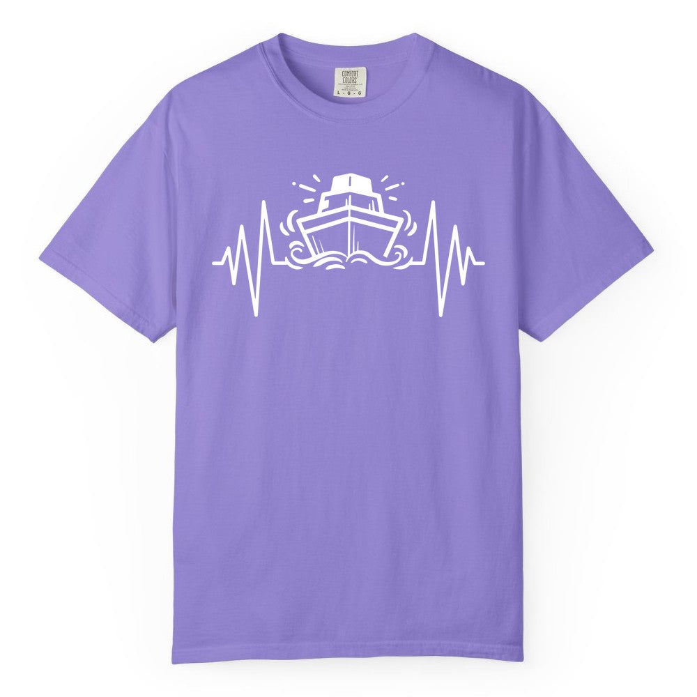 Cruise Heartbeat Shirt - Minimalist Ship Line Art Nautical Gift (Comfort Color) in Violet - Cruise Ship Heartbeat Line Minimalist Nautical Shirt for Enthusiasts