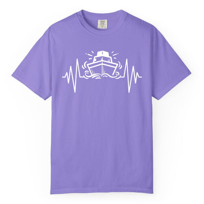 Cruise Heartbeat Shirt - Minimalist Ship Line Art Nautical Gift (Comfort Color) in Violet - Cruise Ship Heartbeat Line Minimalist Nautical Shirt for Enthusiasts