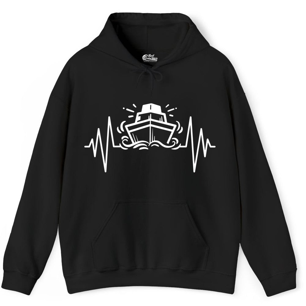 Cruise Heartbeat Shirt - Minimalist Ship Line Art Nautical Gift (Hoodie) in Black - Cruise Ship Heartbeat Line Minimalist Nautical Shirt for Enthusiasts