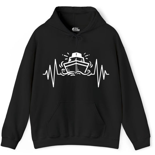 Cruise Heartbeat Shirt - Minimalist Ship Line Art Nautical Gift (Hoodie) in Black - Cruise Ship Heartbeat Line Minimalist Nautical Shirt for Enthusiasts