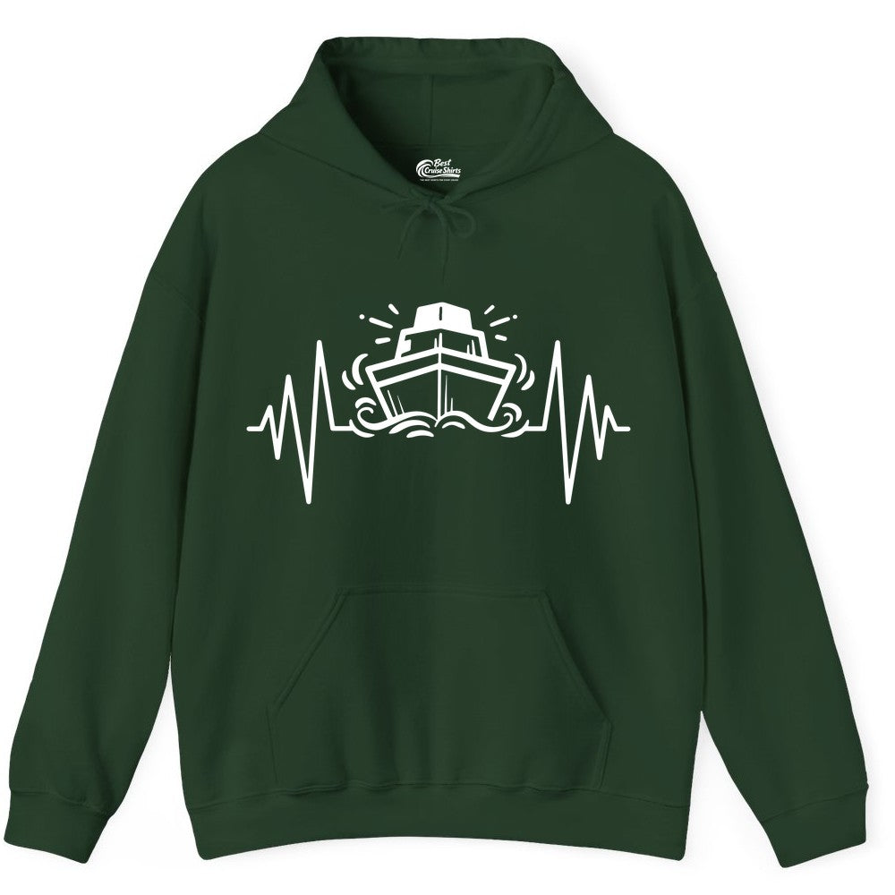 Cruise Heartbeat Shirt - Minimalist Ship Line Art Nautical Gift (Hoodie) in Forest Green - Cruise Ship Heartbeat Line Minimalist Nautical Shirt for Enthusiasts