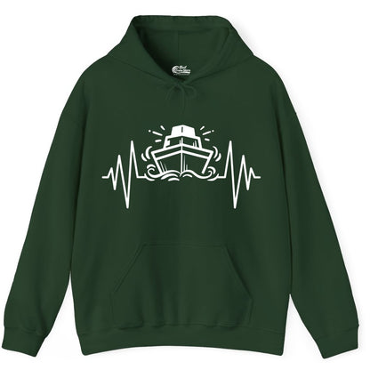 Cruise Heartbeat Shirt - Minimalist Ship Line Art Nautical Gift (Hoodie) in Forest Green - Cruise Ship Heartbeat Line Minimalist Nautical Shirt for Enthusiasts