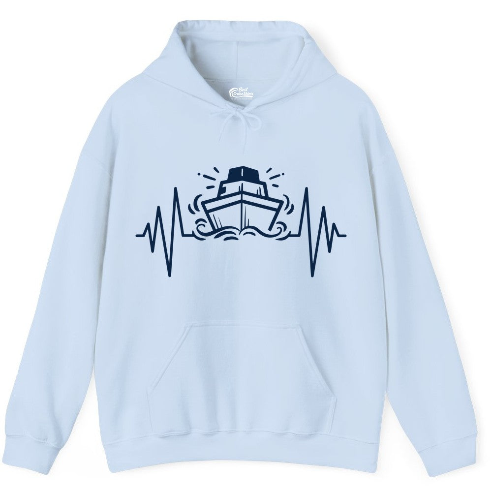Cruise Heartbeat Shirt - Minimalist Ship Line Art Nautical Gift (Hoodie) in Light Blue - Cruise Ship Heartbeat Line Minimalist Nautical Shirt for Enthusiasts