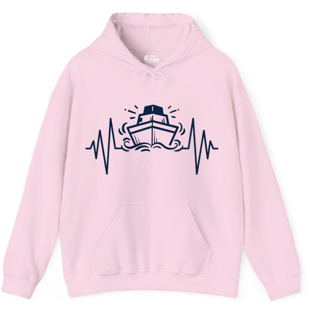 Cruise Heartbeat Shirt - Minimalist Ship Line Art Nautical Gift (Hoodie) in Light Pink - Cruise Ship Heartbeat Line Minimalist Nautical Shirt for Enthusiasts
