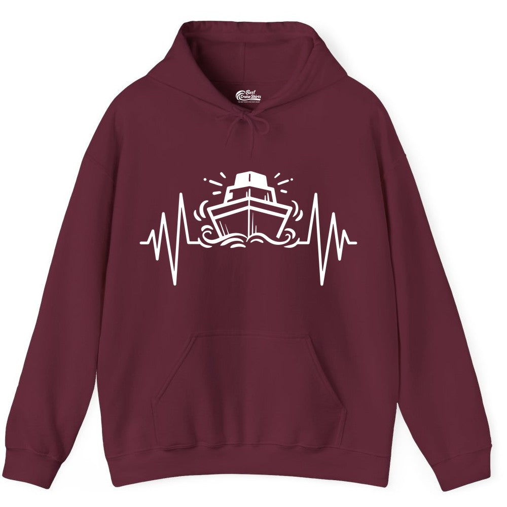 Cruise Heartbeat Shirt - Minimalist Ship Line Art Nautical Gift (Hoodie) in Maroon - Cruise Ship Heartbeat Line Minimalist Nautical Shirt for Enthusiasts