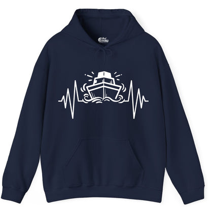 Cruise Heartbeat Shirt - Minimalist Ship Line Art Nautical Gift (Hoodie) in Navy - Cruise Ship Heartbeat Line Minimalist Nautical Shirt for Enthusiasts