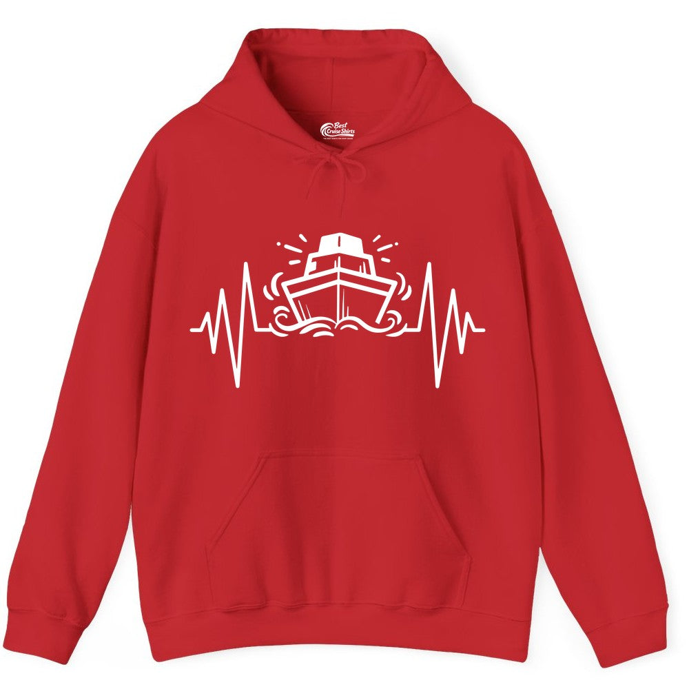 Cruise Heartbeat Shirt - Minimalist Ship Line Art Nautical Gift (Hoodie) in Red - Cruise Ship Heartbeat Line Minimalist Nautical Shirt for Enthusiasts