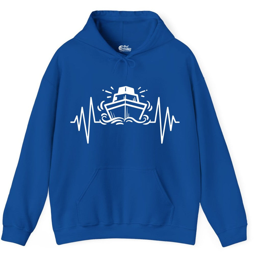 Cruise Heartbeat Shirt - Minimalist Ship Line Art Nautical Gift (Hoodie) in Royal - Cruise Ship Heartbeat Line Minimalist Nautical Shirt for Enthusiasts