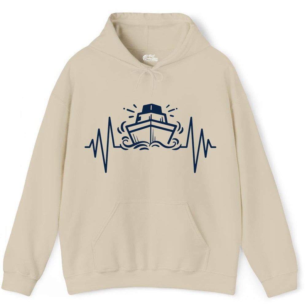 Cruise Heartbeat Shirt - Minimalist Ship Line Art Nautical Gift (Hoodie) in Sand - Cruise Ship Heartbeat Line Minimalist Nautical Shirt for Enthusiasts