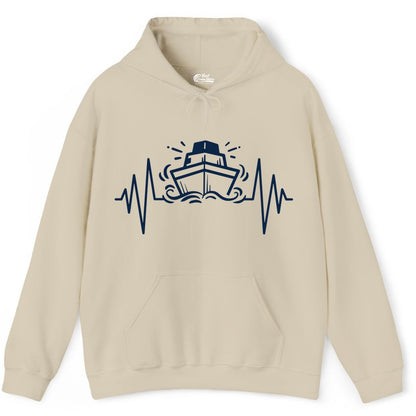Cruise Heartbeat Shirt - Minimalist Ship Line Art Nautical Gift (Hoodie) in Sand - Cruise Ship Heartbeat Line Minimalist Nautical Shirt for Enthusiasts