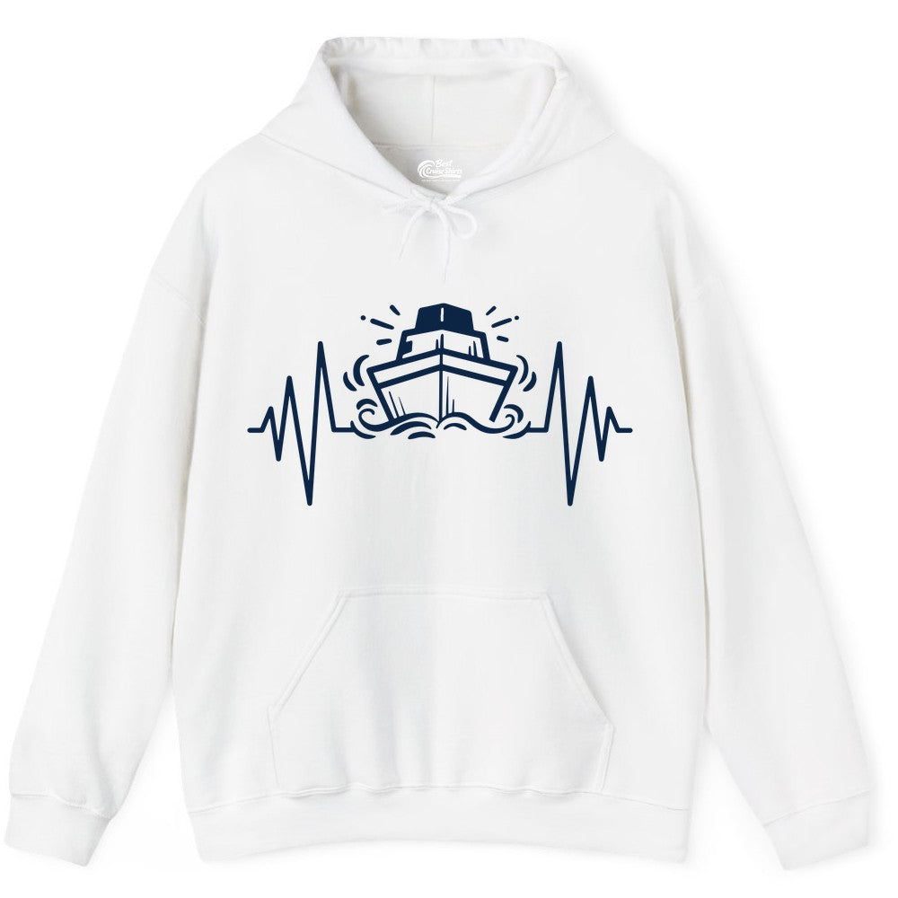 Cruise Heartbeat Shirt - Minimalist Ship Line Art Nautical Gift (Hoodie) in White - Cruise Ship Heartbeat Line Minimalist Nautical Shirt for Enthusiasts