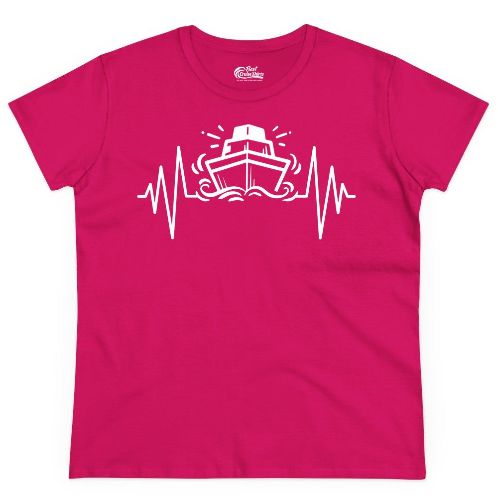 Cruise Heartbeat Shirt - Minimalist Ship Line Art Nautical Gift (Ladies Tee) in Heliconia - Cruise Ship Heartbeat Line Minimalist Nautical Shirt for Enthusiasts