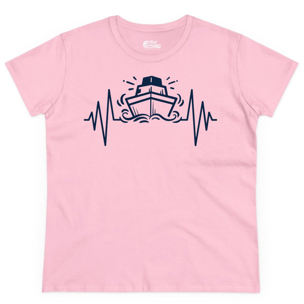 Cruise Heartbeat Shirt - Minimalist Ship Line Art Nautical Gift (Ladies Tee) in Light Pink - Cruise Ship Heartbeat Line Minimalist Nautical Shirt for Enthusiasts