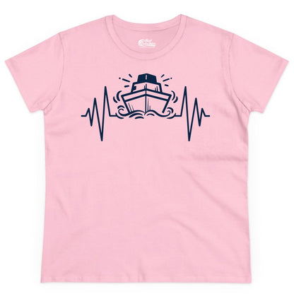 Cruise Heartbeat Shirt - Minimalist Ship Line Art Nautical Gift (Ladies Tee) in Light Pink - Cruise Ship Heartbeat Line Minimalist Nautical Shirt for Enthusiasts