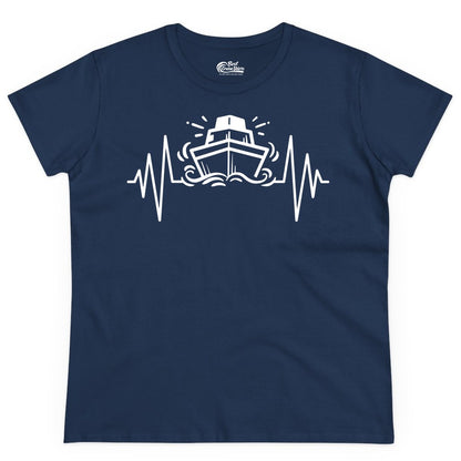 Cruise Heartbeat Shirt - Minimalist Ship Line Art Nautical Gift (Ladies Tee) in Navy - Cruise Ship Heartbeat Line Minimalist Nautical Shirt for Enthusiasts