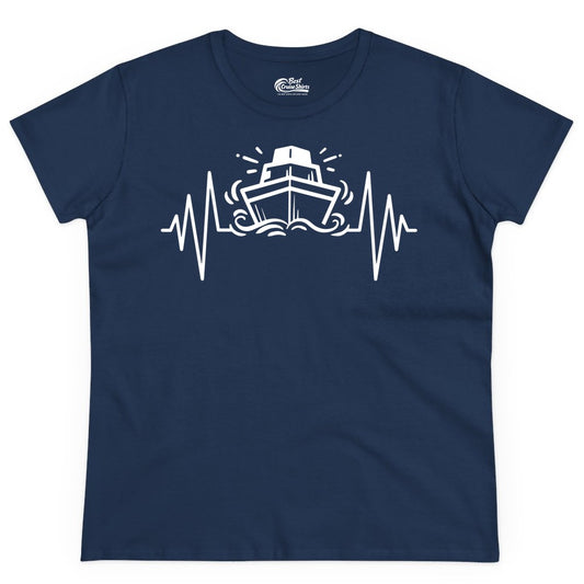 Cruise Heartbeat Shirt - Minimalist Ship Line Art Nautical Gift (Ladies Tee) in Navy - Cruise Ship Heartbeat Line Minimalist Nautical Shirt for Enthusiasts