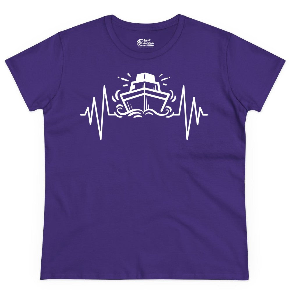 Cruise Heartbeat Shirt - Minimalist Ship Line Art Nautical Gift (Ladies Tee) in Purple - Cruise Ship Heartbeat Line Minimalist Nautical Shirt for Enthusiasts