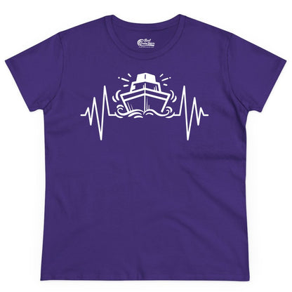 Cruise Heartbeat Shirt - Minimalist Ship Line Art Nautical Gift (Ladies Tee) in Purple - Cruise Ship Heartbeat Line Minimalist Nautical Shirt for Enthusiasts