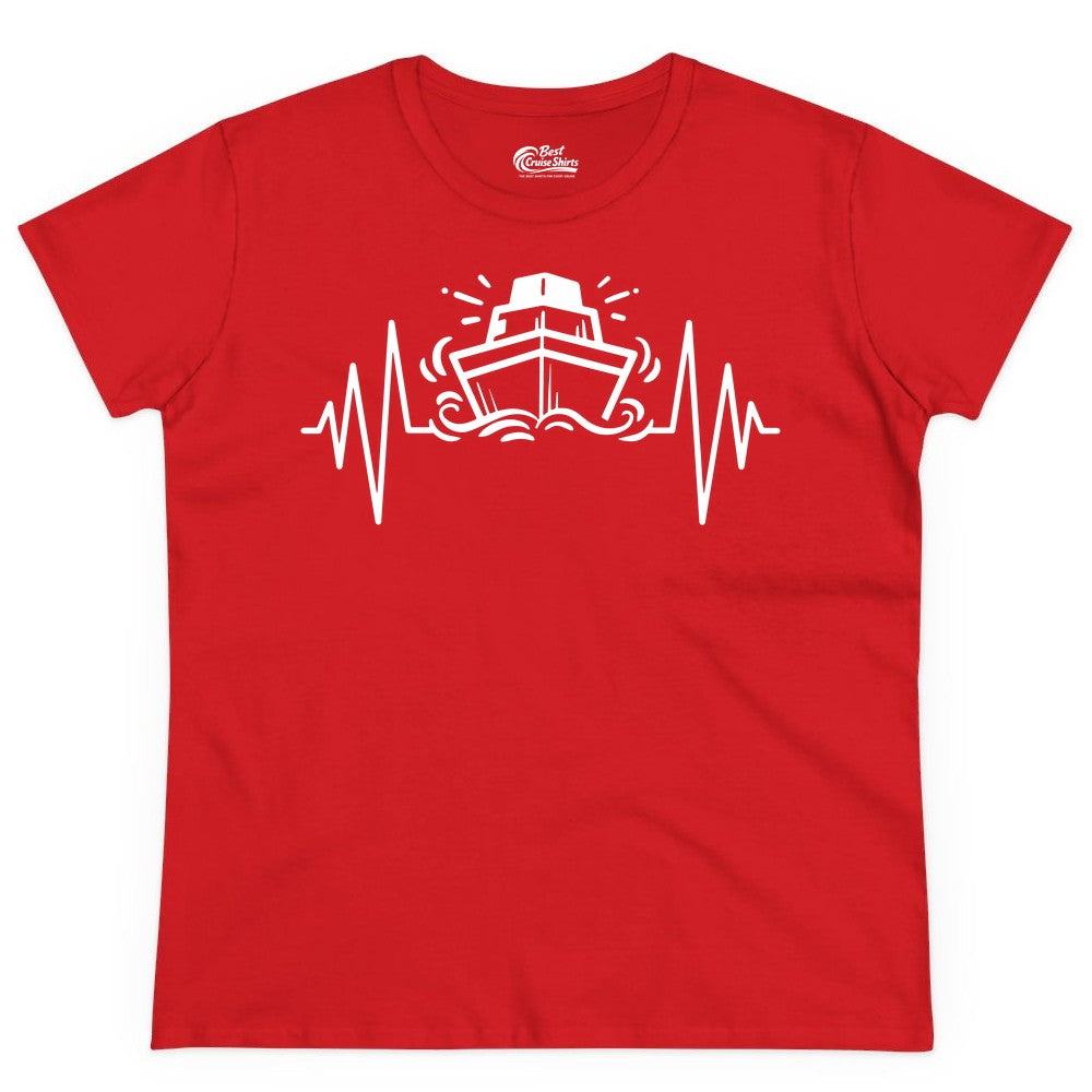 Cruise Heartbeat Shirt - Minimalist Ship Line Art Nautical Gift (Ladies Tee) in Red - Cruise Ship Heartbeat Line Minimalist Nautical Shirt for Enthusiasts