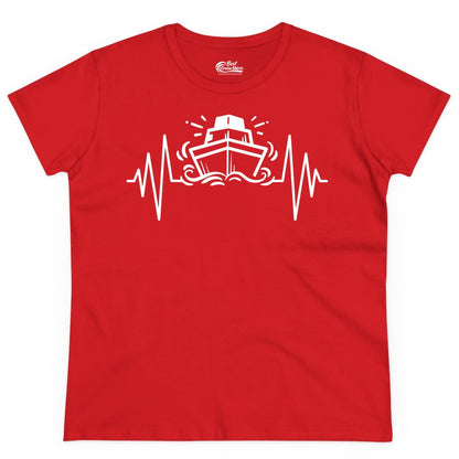 Cruise Heartbeat Shirt - Minimalist Ship Line Art Nautical Gift (Ladies Tee) in Red - Cruise Ship Heartbeat Line Minimalist Nautical Shirt for Enthusiasts