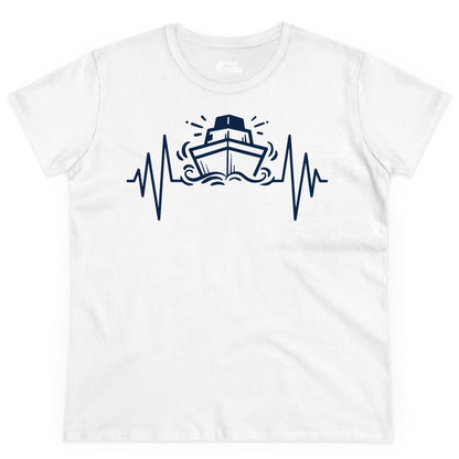 Cruise Heartbeat Shirt - Minimalist Ship Line Art Nautical Gift (Ladies Tee) in White - Cruise Ship Heartbeat Line Minimalist Nautical Shirt for Enthusiasts