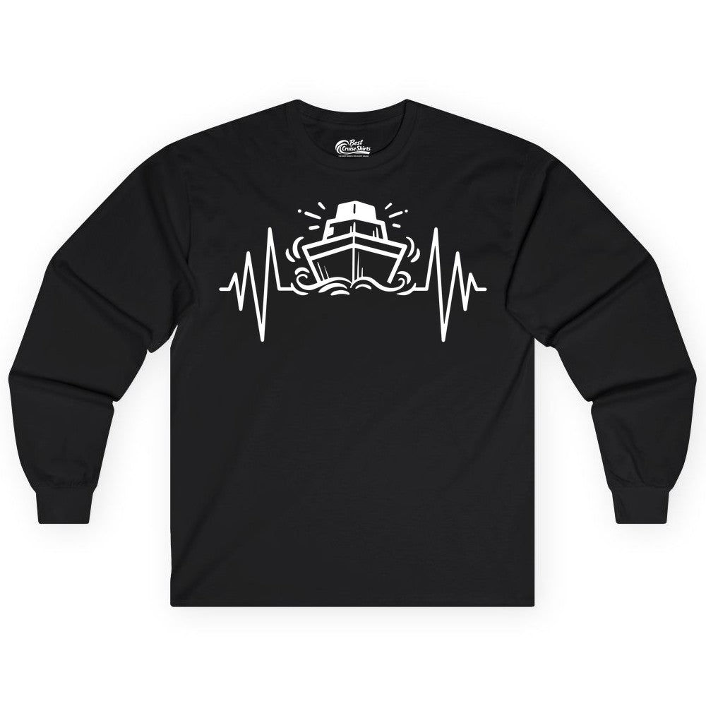 Cruise Heartbeat Shirt - Minimalist Ship Line Art Nautical Gift (Long Sleeve) in Black - Cruise Ship Heartbeat Line Minimalist Nautical Shirt for Enthusiasts