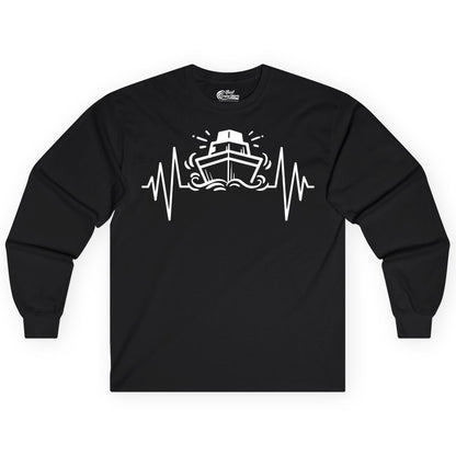 Cruise Heartbeat Shirt - Minimalist Ship Line Art Nautical Gift (Long Sleeve) in Black - Cruise Ship Heartbeat Line Minimalist Nautical Shirt for Enthusiasts
