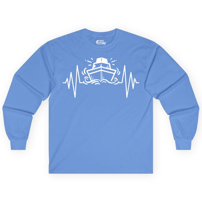 Cruise Heartbeat Shirt - Minimalist Ship Line Art Nautical Gift (Long Sleeve) in Carolina Blue - Cruise Ship Heartbeat Line Minimalist Nautical Shirt for Enthusiasts