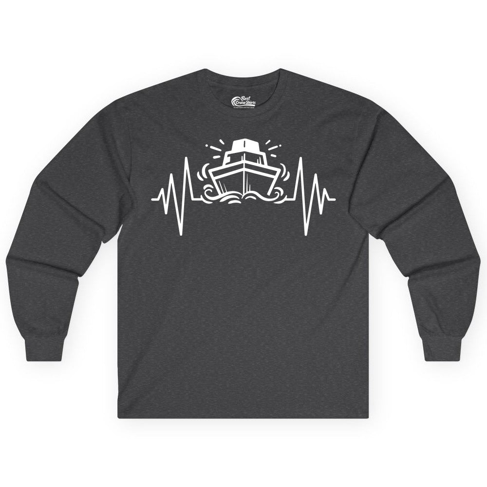 Cruise Heartbeat Shirt - Minimalist Ship Line Art Nautical Gift (Long Sleeve) in Dark Heather - Cruise Ship Heartbeat Line Minimalist Nautical Shirt for Enthusiasts