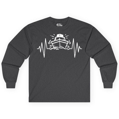 Cruise Heartbeat Shirt - Minimalist Ship Line Art Nautical Gift (Long Sleeve) in Dark Heather - Cruise Ship Heartbeat Line Minimalist Nautical Shirt for Enthusiasts