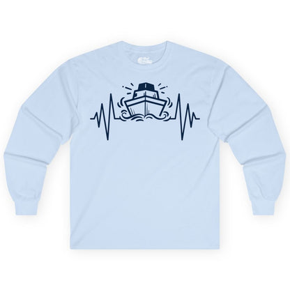 Cruise Heartbeat Shirt - Minimalist Ship Line Art Nautical Gift (Long Sleeve) in Light Blue - Cruise Ship Heartbeat Line Minimalist Nautical Shirt for Enthusiasts