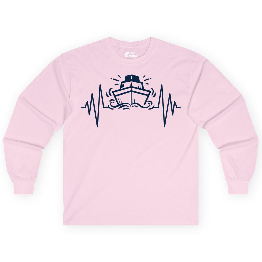 Cruise Heartbeat Shirt - Minimalist Ship Line Art Nautical Gift (Long Sleeve) in Light Pink - Cruise Ship Heartbeat Line Minimalist Nautical Shirt for Enthusiasts