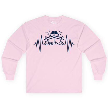 Cruise Heartbeat Shirt - Minimalist Ship Line Art Nautical Gift (Long Sleeve) in Light Pink - Cruise Ship Heartbeat Line Minimalist Nautical Shirt for Enthusiasts