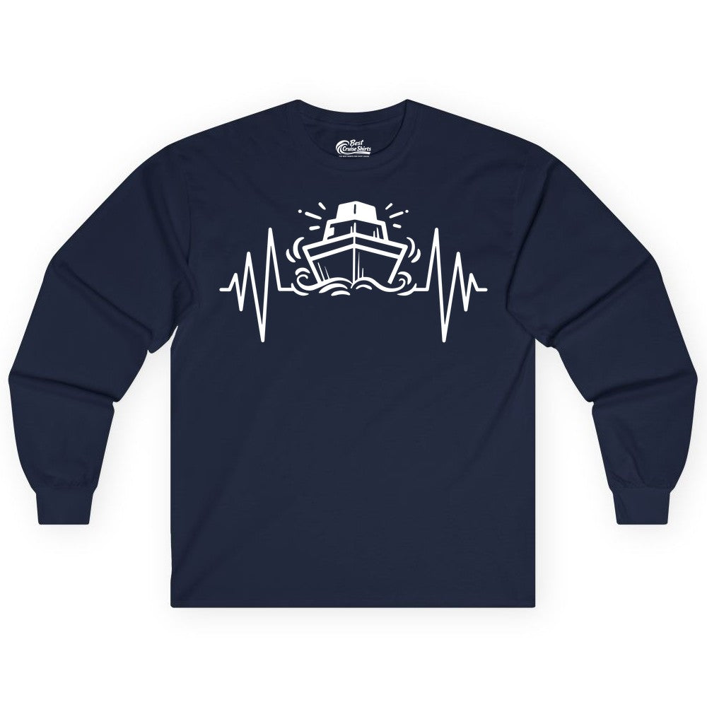 Cruise Heartbeat Shirt - Minimalist Ship Line Art Nautical Gift (Long Sleeve) in Navy - Cruise Ship Heartbeat Line Minimalist Nautical Shirt for Enthusiasts