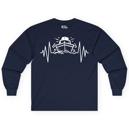 Cruise Heartbeat Shirt - Minimalist Ship Line Art Nautical Gift (Long Sleeve) in Navy - Cruise Ship Heartbeat Line Minimalist Nautical Shirt for Enthusiasts