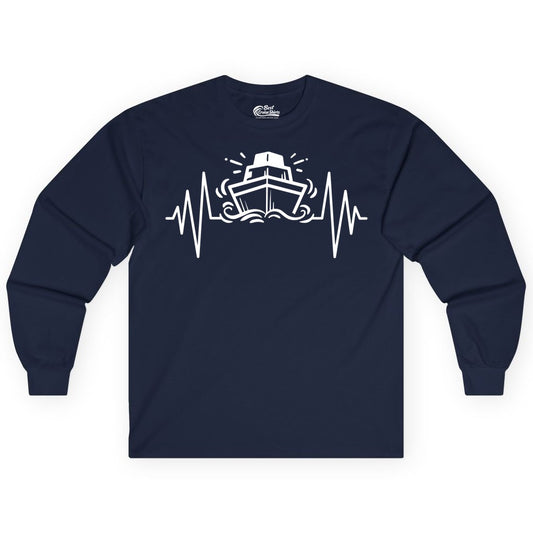 Cruise Heartbeat Shirt - Minimalist Ship Line Art Nautical Gift (Long Sleeve) in Navy - Cruise Ship Heartbeat Line Minimalist Nautical Shirt for Enthusiasts
