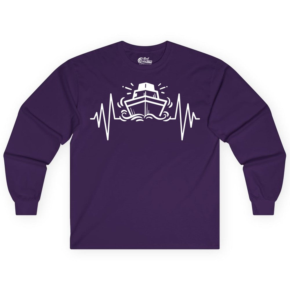 Cruise Heartbeat Shirt - Minimalist Ship Line Art Nautical Gift (Long Sleeve) in Purple - Cruise Ship Heartbeat Line Minimalist Nautical Shirt for Enthusiasts