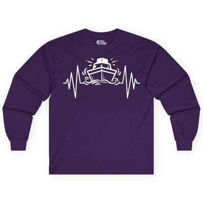 Cruise Heartbeat Shirt - Minimalist Ship Line Art Nautical Gift (Long Sleeve) in Purple - Cruise Ship Heartbeat Line Minimalist Nautical Shirt for Enthusiasts
