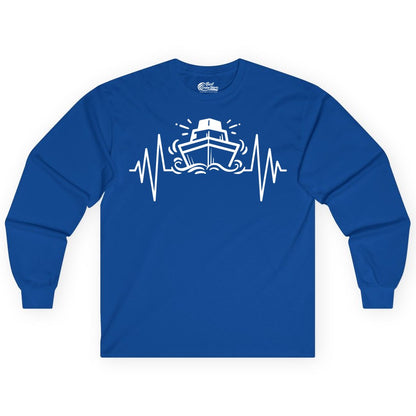 Cruise Heartbeat Shirt - Minimalist Ship Line Art Nautical Gift (Long Sleeve) in Royal - Cruise Ship Heartbeat Line Minimalist Nautical Shirt for Enthusiasts