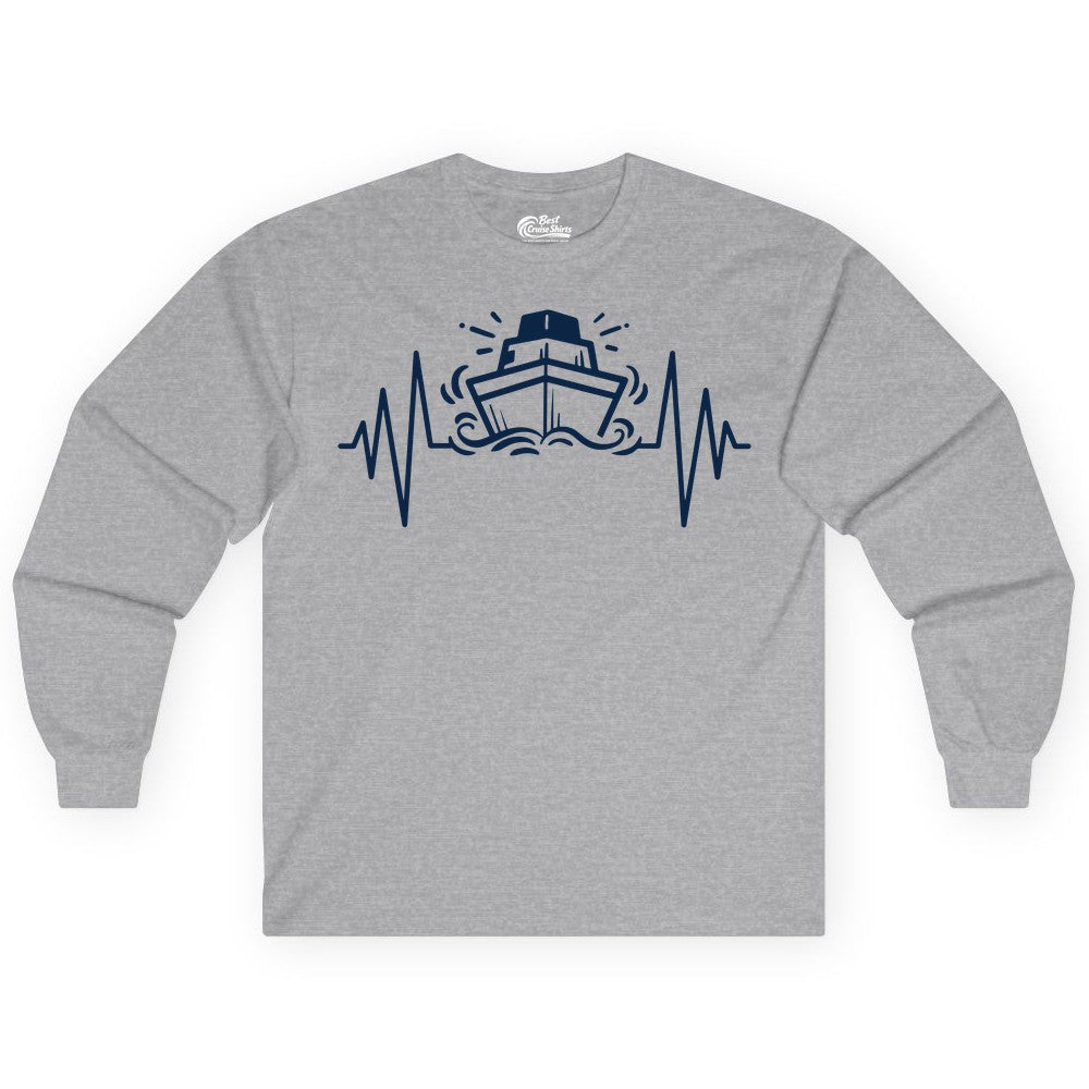 Cruise Heartbeat Shirt - Minimalist Ship Line Art Nautical Gift (Long Sleeve) in Sport Grey - Cruise Ship Heartbeat Line Minimalist Nautical Shirt for Enthusiasts