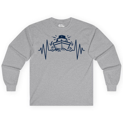 Cruise Heartbeat Shirt - Minimalist Ship Line Art Nautical Gift (Long Sleeve) in Sport Grey - Cruise Ship Heartbeat Line Minimalist Nautical Shirt for Enthusiasts
