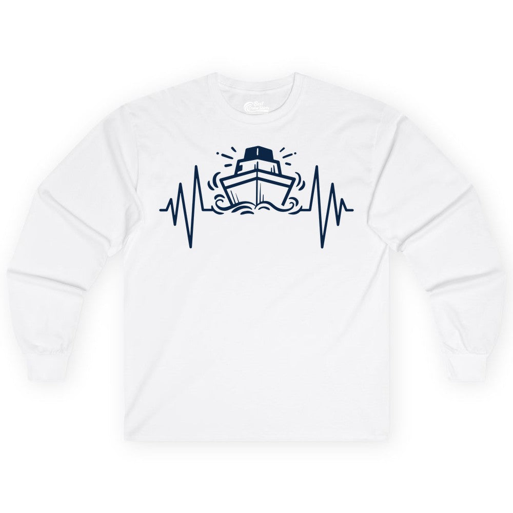 Cruise Heartbeat Shirt - Minimalist Ship Line Art Nautical Gift (Long Sleeve) in White - Cruise Ship Heartbeat Line Minimalist Nautical Shirt for Enthusiasts