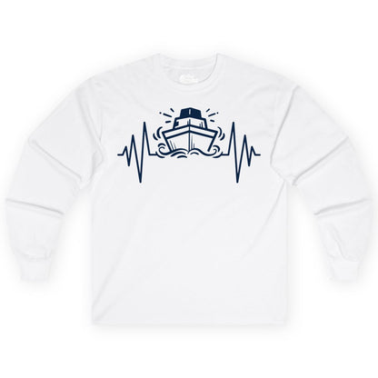 Cruise Heartbeat Shirt - Minimalist Ship Line Art Nautical Gift (Long Sleeve) in White - Cruise Ship Heartbeat Line Minimalist Nautical Shirt for Enthusiasts