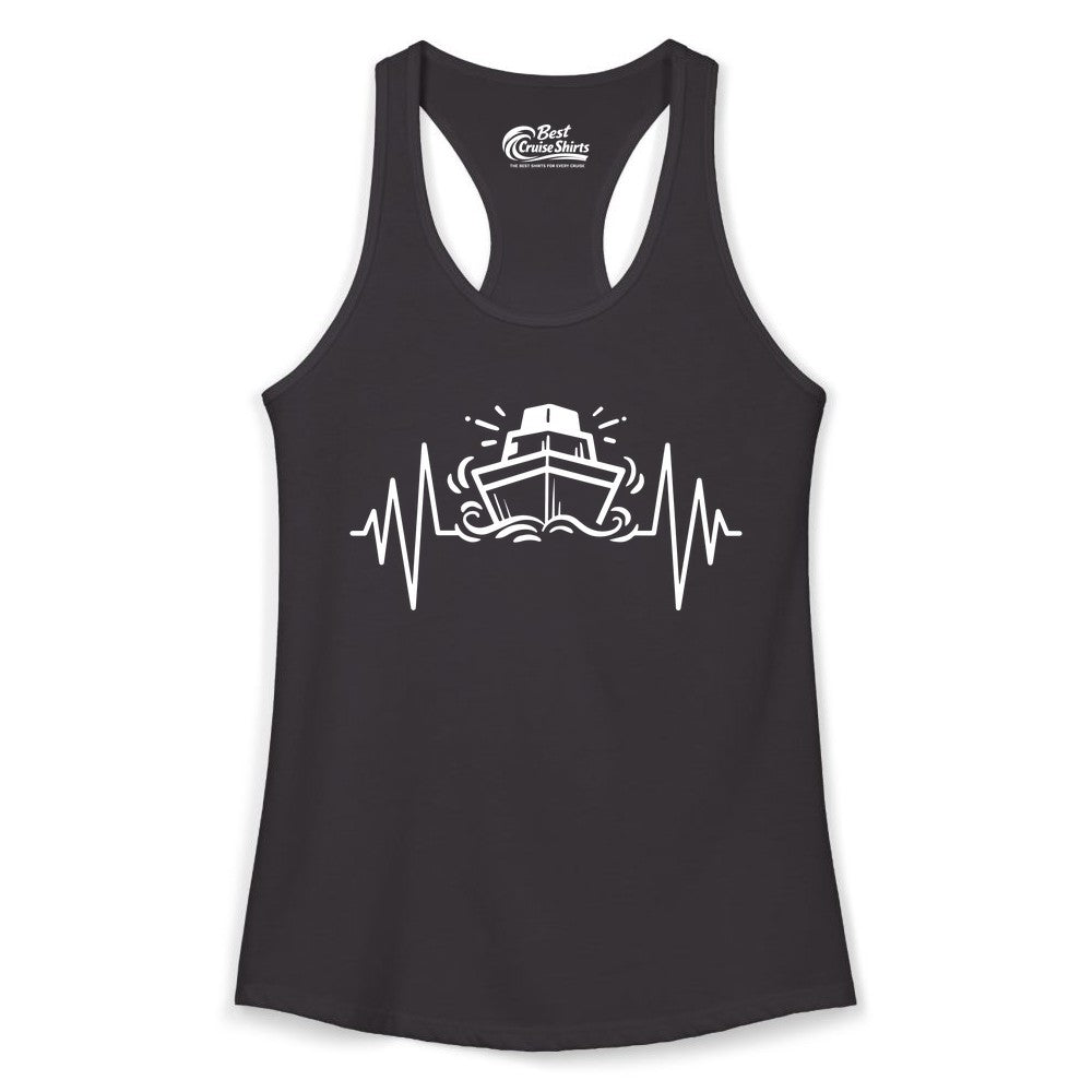 Cruise Heartbeat Shirt - Minimalist Ship Line Art Nautical Gift (Ladies Tank) in Black - Cruise Ship Heartbeat Line Minimalist Nautical Shirt for Enthusiasts